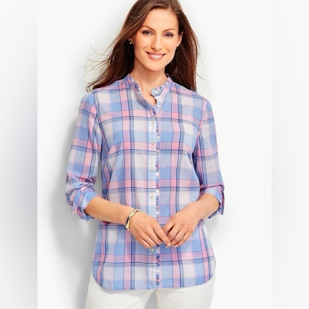 Talbots 100% Cotton Plaid Button Down Ruffled Collar Shirt size M Petite